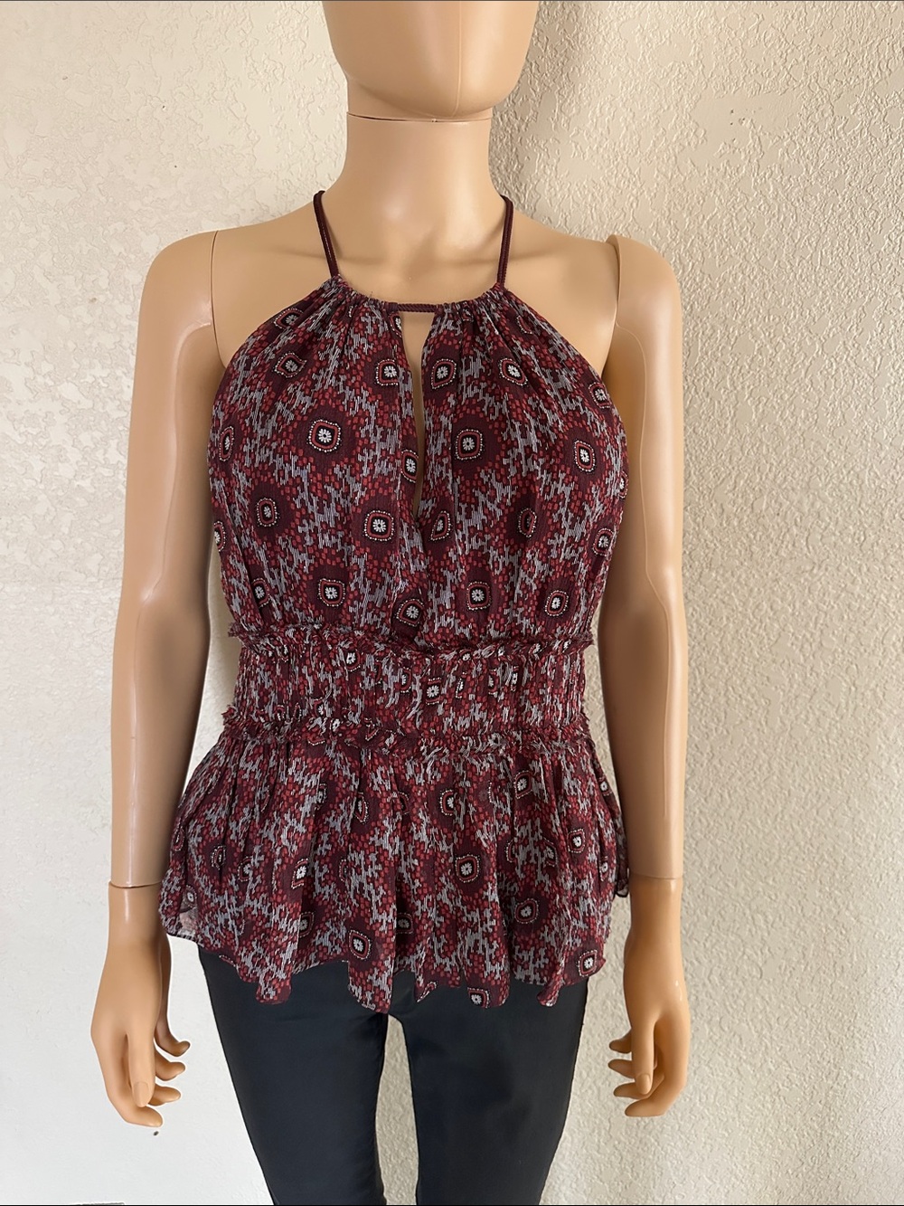 cinq a sept Burgundy Patterned Halter Smocked Peplum Camisole
